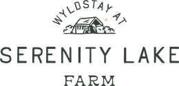 The serenity lake farm logo is a black and white logo with a house in the background.