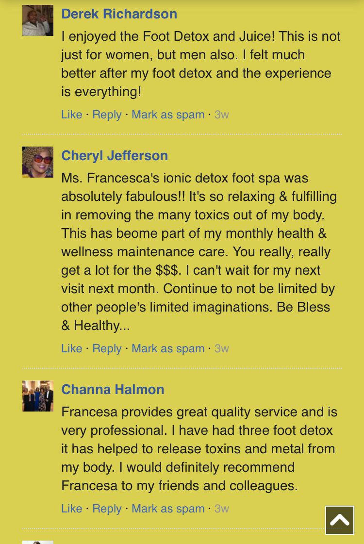 Testimonials for foot detox, with text from Derek, Cheryl, and Channa.