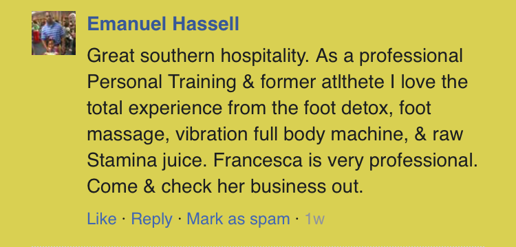 Review of Francesca's business, with text praising the foot detox, massage, and Stamina juice.
