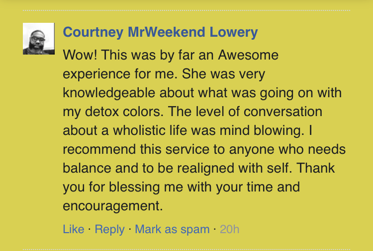 Customer review about a service, text on yellow background. The review is positive and discusses detox and a holistic life.