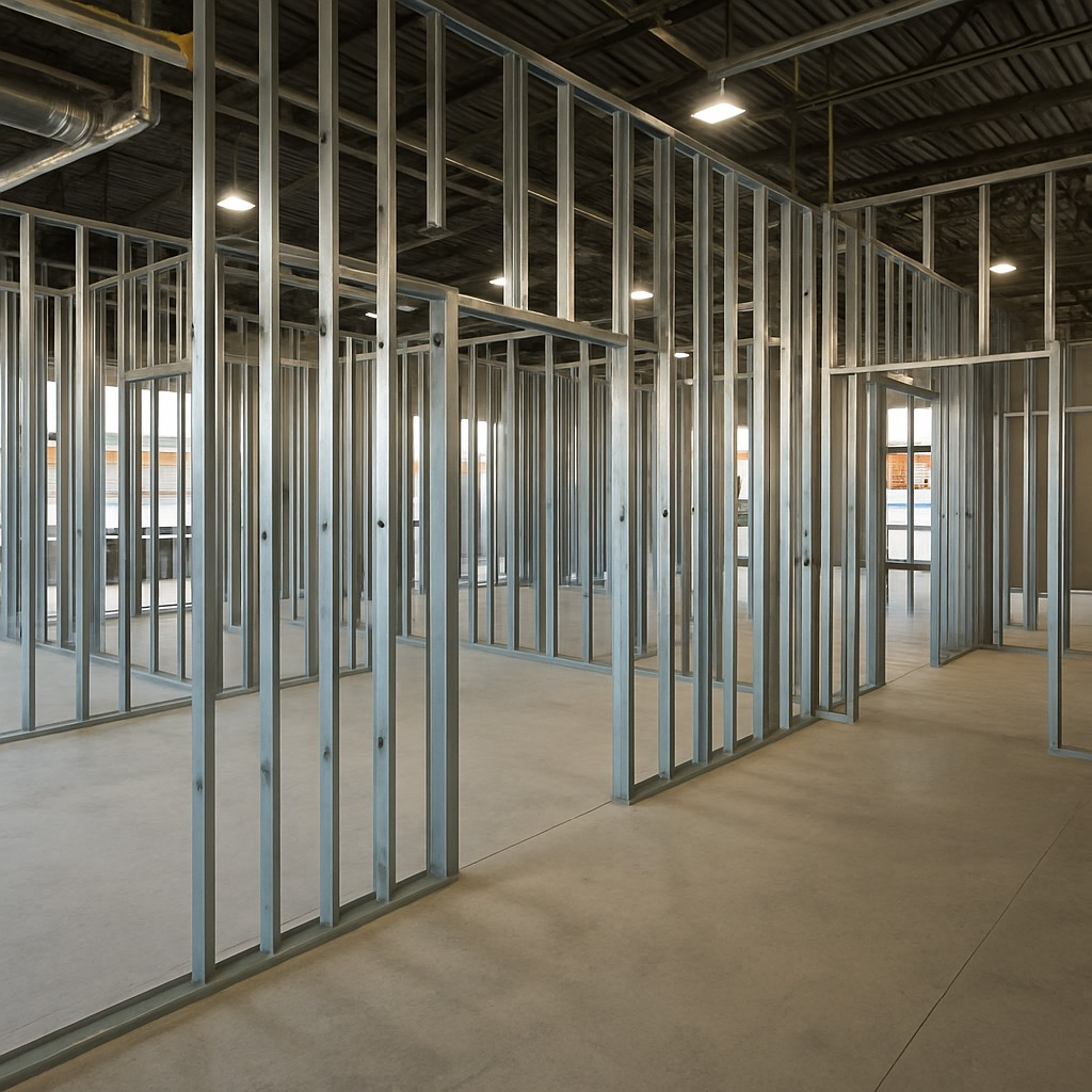 Steel framing of interior walls in a commercial space, showing the skeleton of a building's structure.