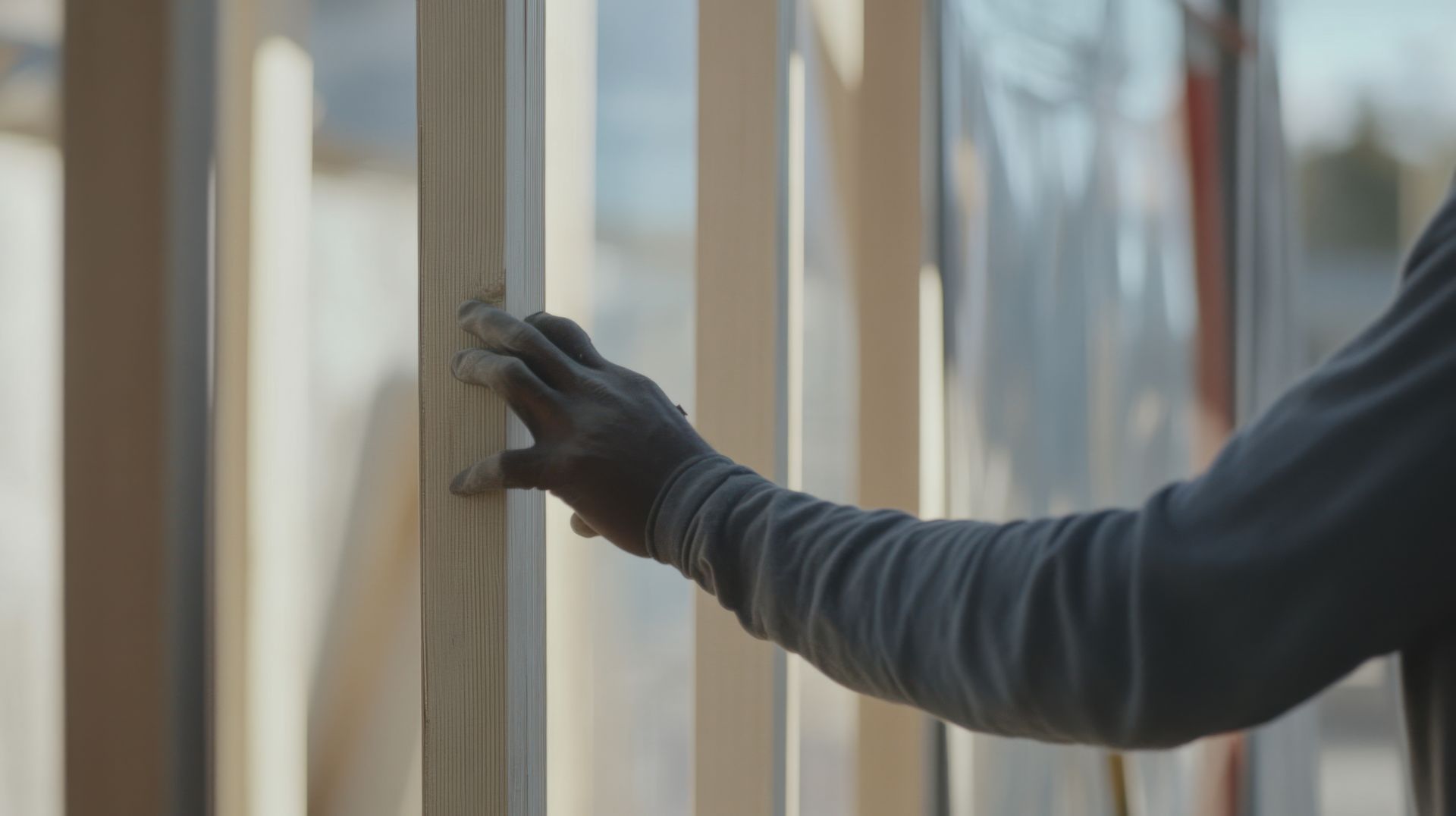 Person wearing black gloves touching wooden framing outdoors.