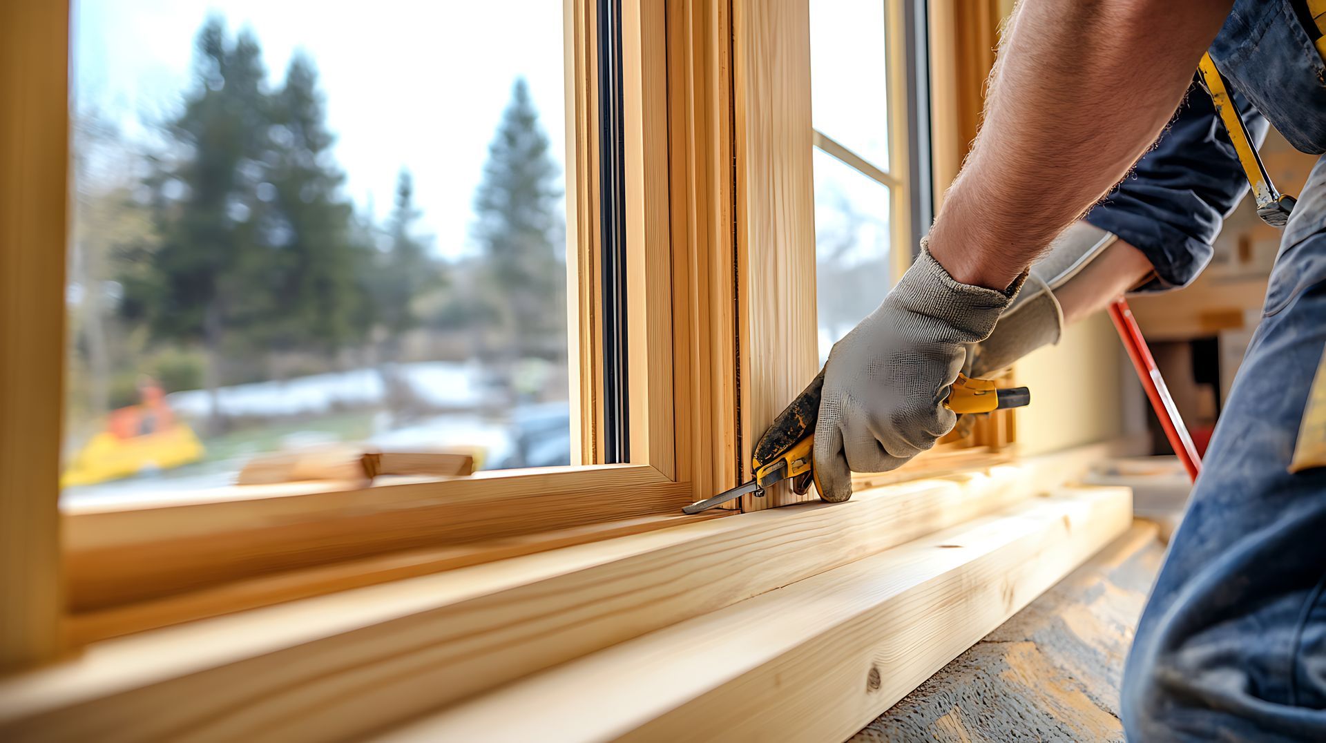 Person in gloves caulking a wooden window frame.