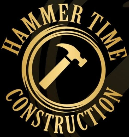 Gold logo with a hammer inside a circular design, 