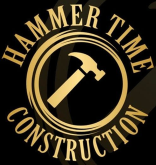 Gold logo with a hammer inside a circular design, 