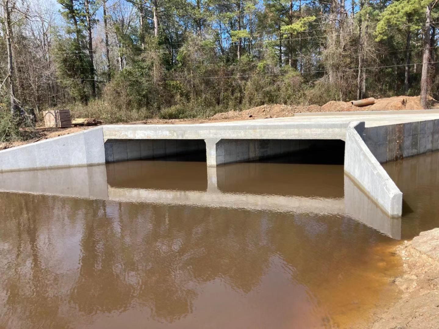A bridge over a body of water with trees in the background.