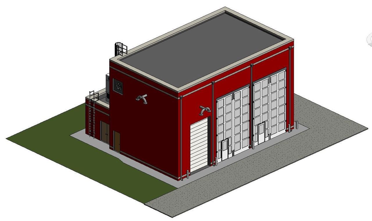 An isometric view of a red building with a black roof