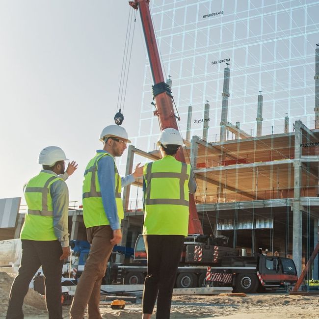 A group of construction workers are standing in front of a building under construction.