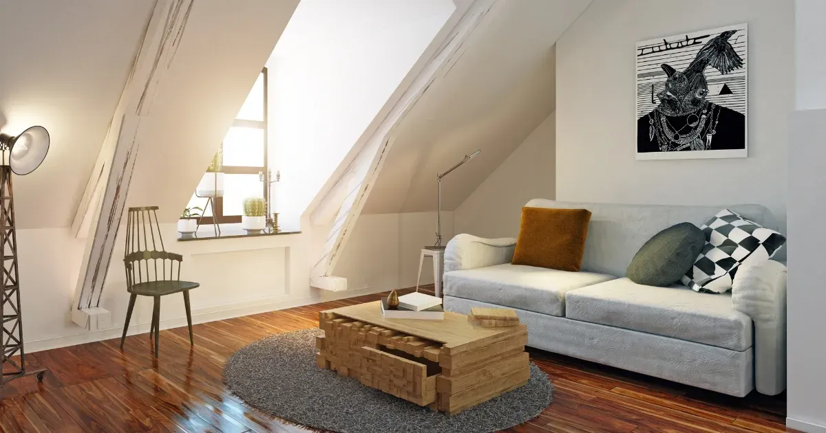 A modern attic living room with angled ceilings, a stylish sofa, and warm wood floors, highlighting smart attic loft conversion ideas for small spaces