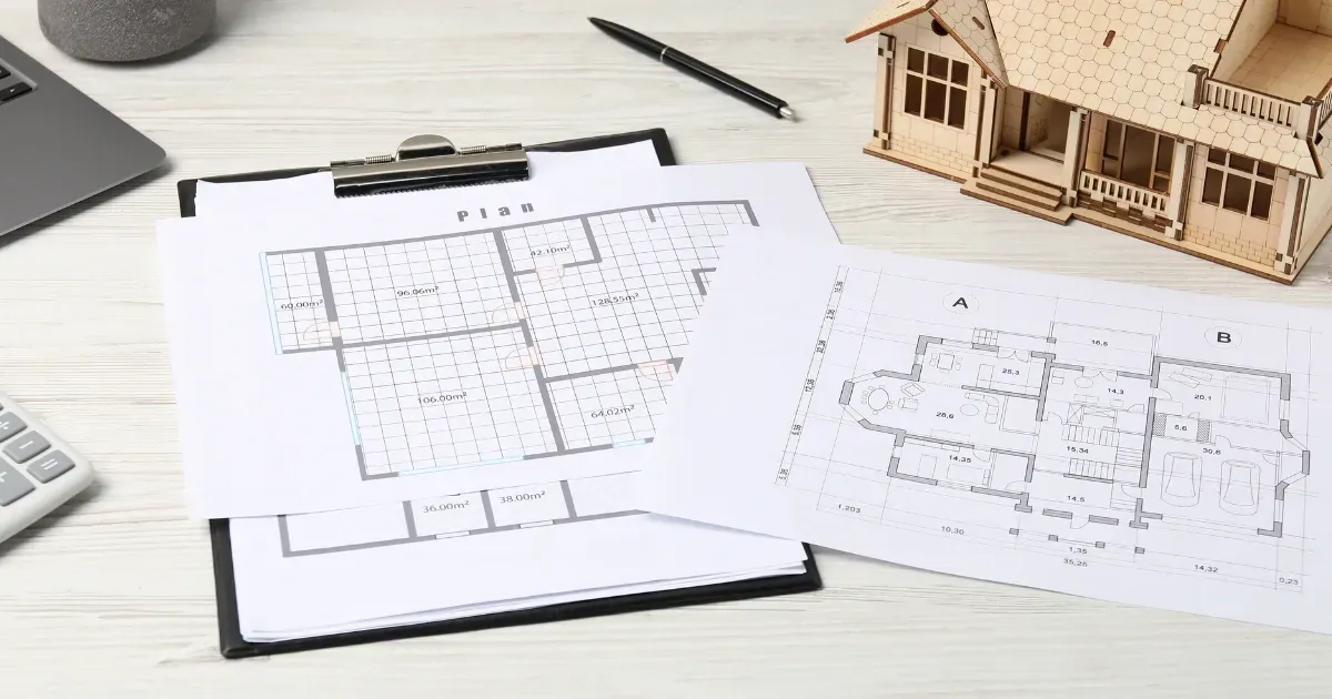 Architectural floor plans and house model used for planning a single-family home