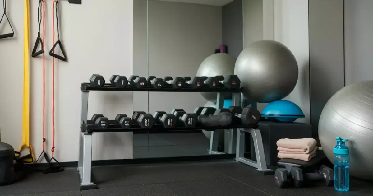 Basement gym setup with fitness balls and dumbbell rack
