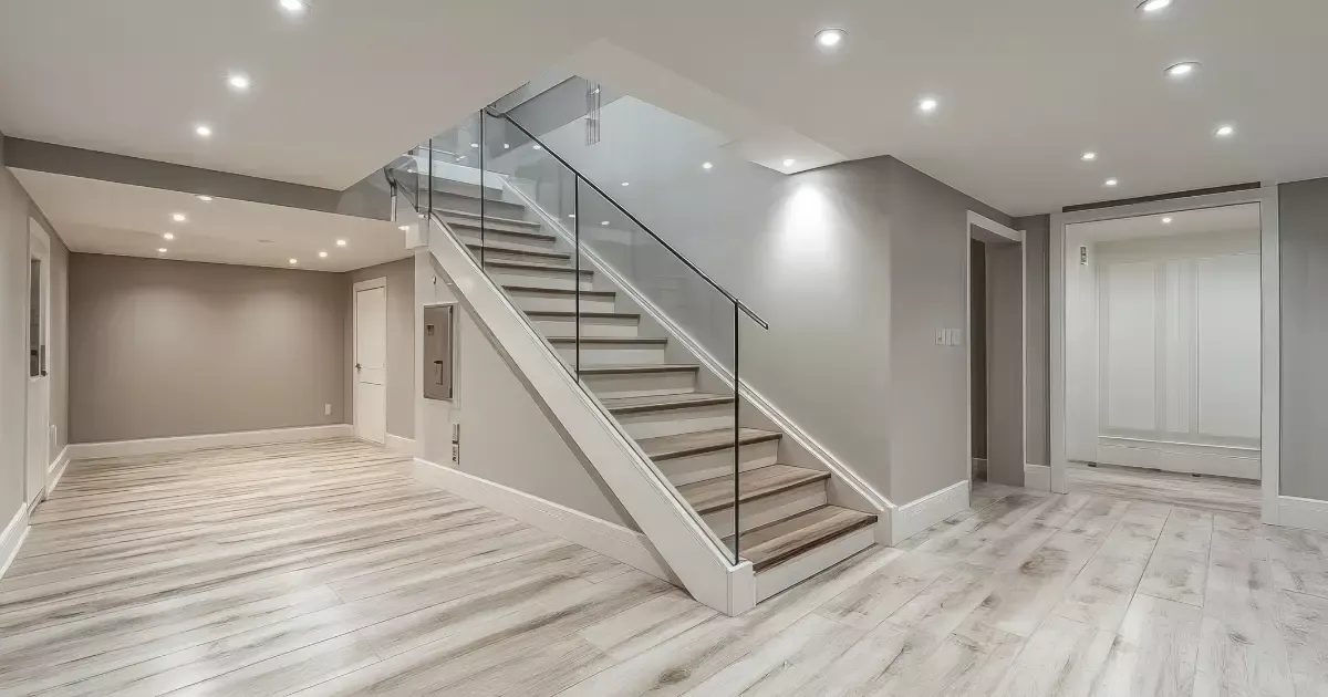 Basement staircase with modern lighting and glass railings
