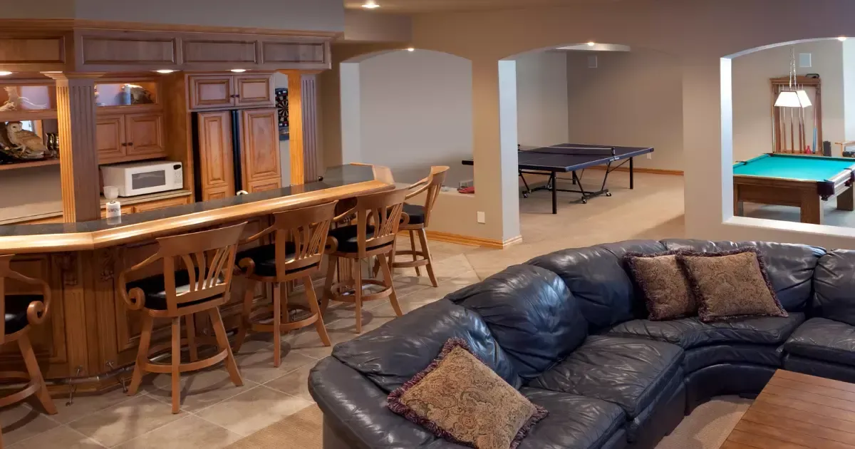 Basement with bar and game area, showing we do basements
