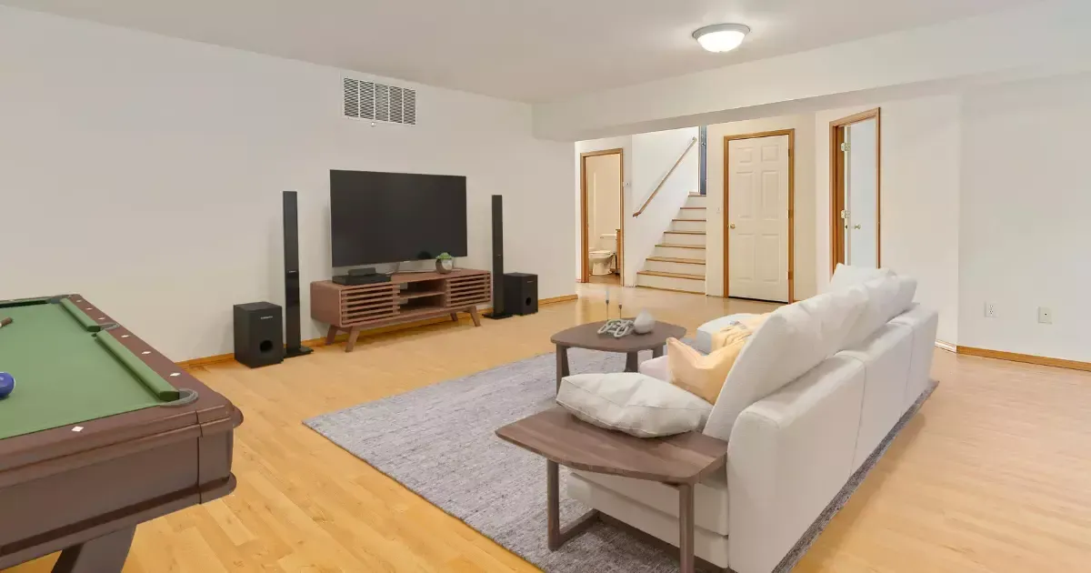 Basement with sectional sofa, TV, and game table
