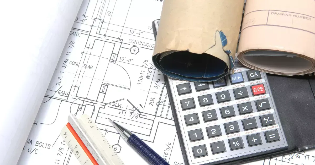 Blueprints, calculator, and drafting tools used to plan new home construction near me