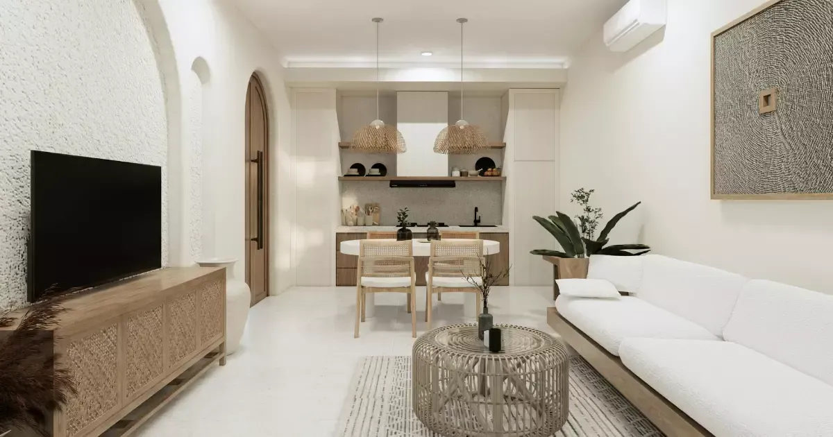 Bright space with woven accents, modern sofa, and dining set, reflecting natural living room furniture ideas