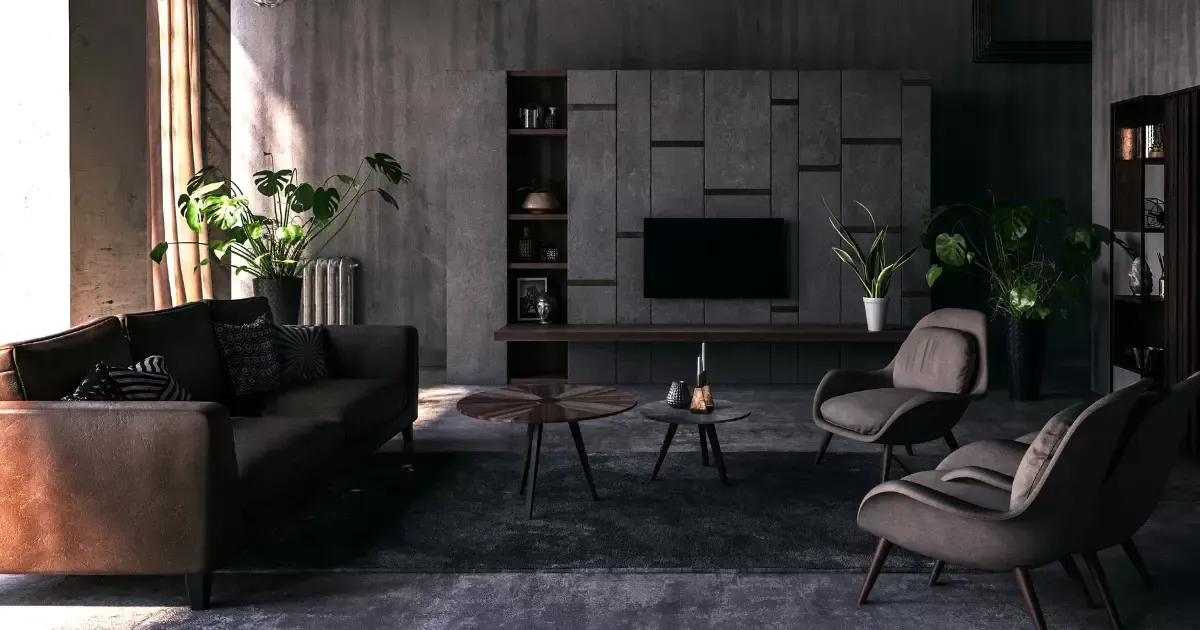 Chic design with dark sofa, accent chairs, and plants, highlighting contemporary living room furniture ideas