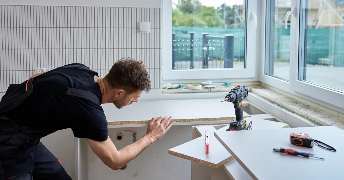 Contractor installing kitchen cabinetry during a home renovation project by a kitchen addition builder