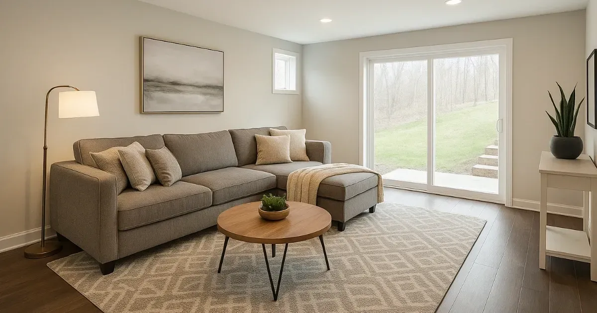 Cozy interior living space featuring large windows and a walk-out basement entry
