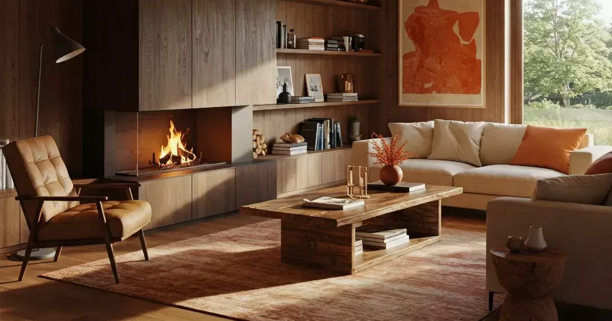 Cozy setup with wood coffee table, leather chair, and sofa, showcasing rustic living room furniture ideas