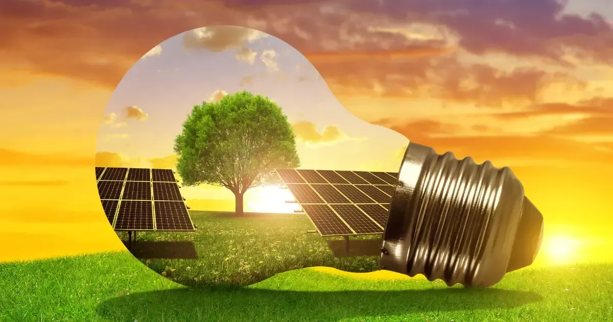 Creative image of solar panels and a tree inside a light bulb at sunset, symbolizing the environmental and economic benefits of solar energy