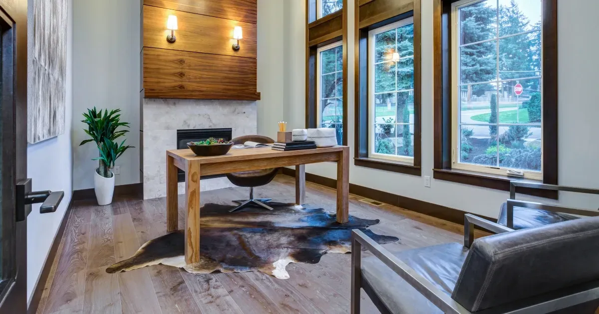 Elegant workspace with wooden walls and large windows, showing modern home office design