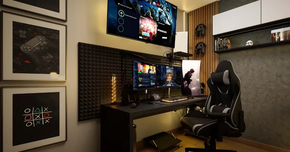 Garage remodel ideas with a sleek gaming and home office setup, built-in desk, and wall storage