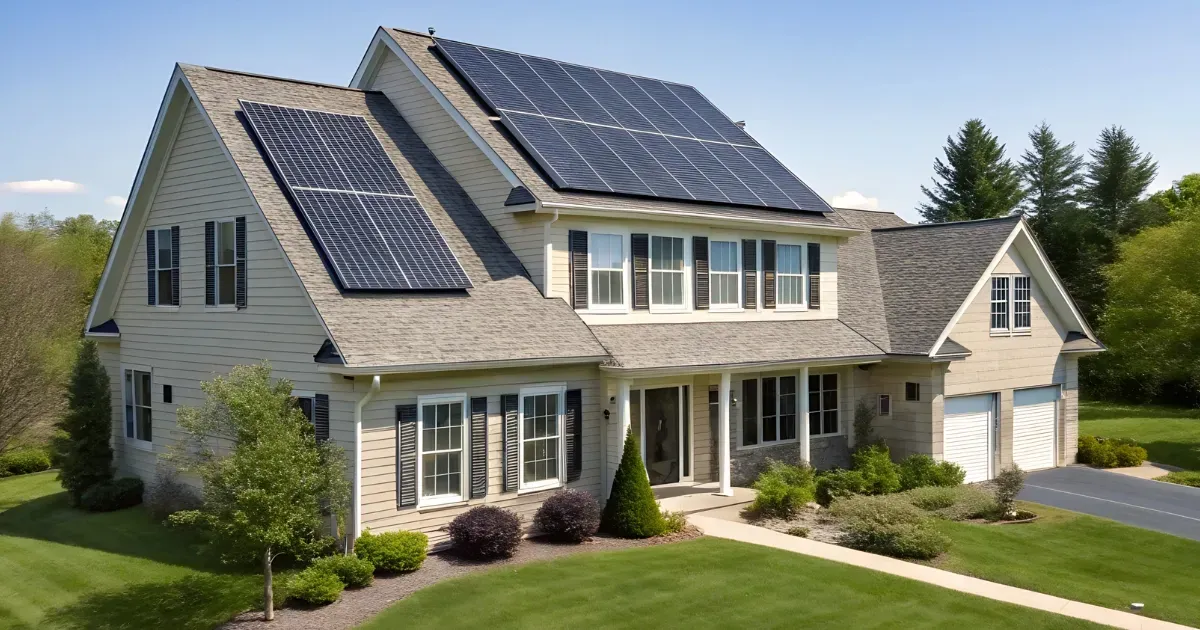 House with solar power roof panels installed across multiple roof sections