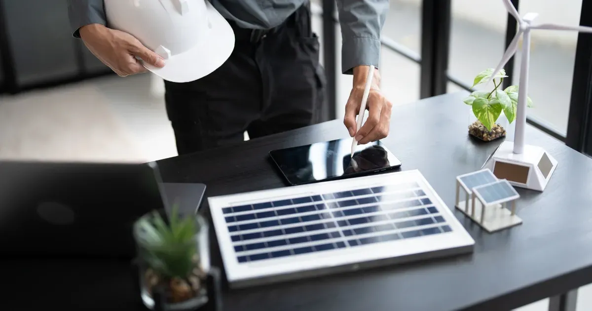 Engineer reviewing plans beside a mini solar energy power station model on a desk