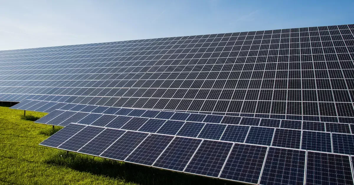 Large field covered with solar panel installations under clear skies