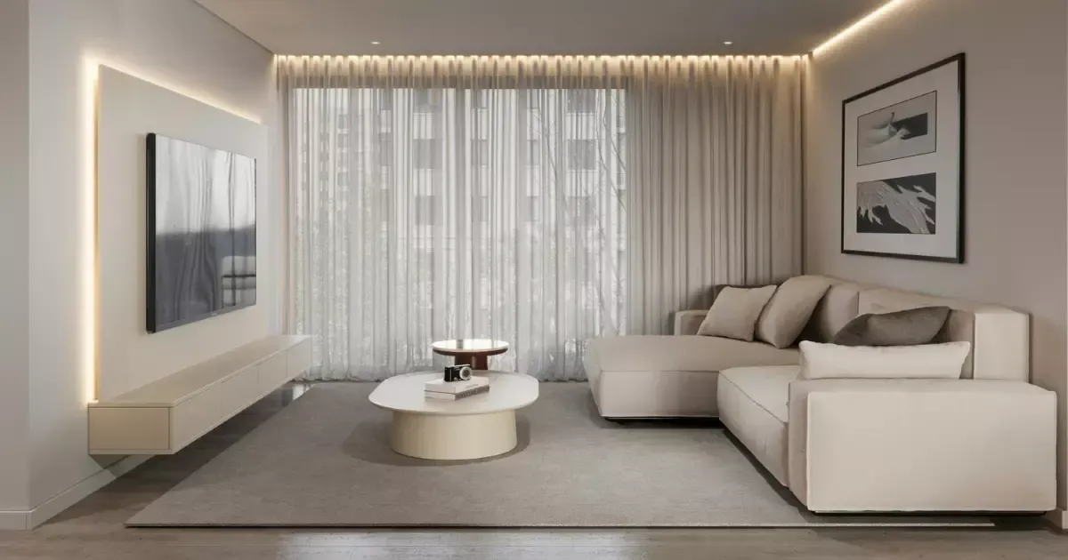 Minimalist living area with a sectional sofa, floating TV console, and layered lighting, perfect for modern living room design ideas in small or large spaces
