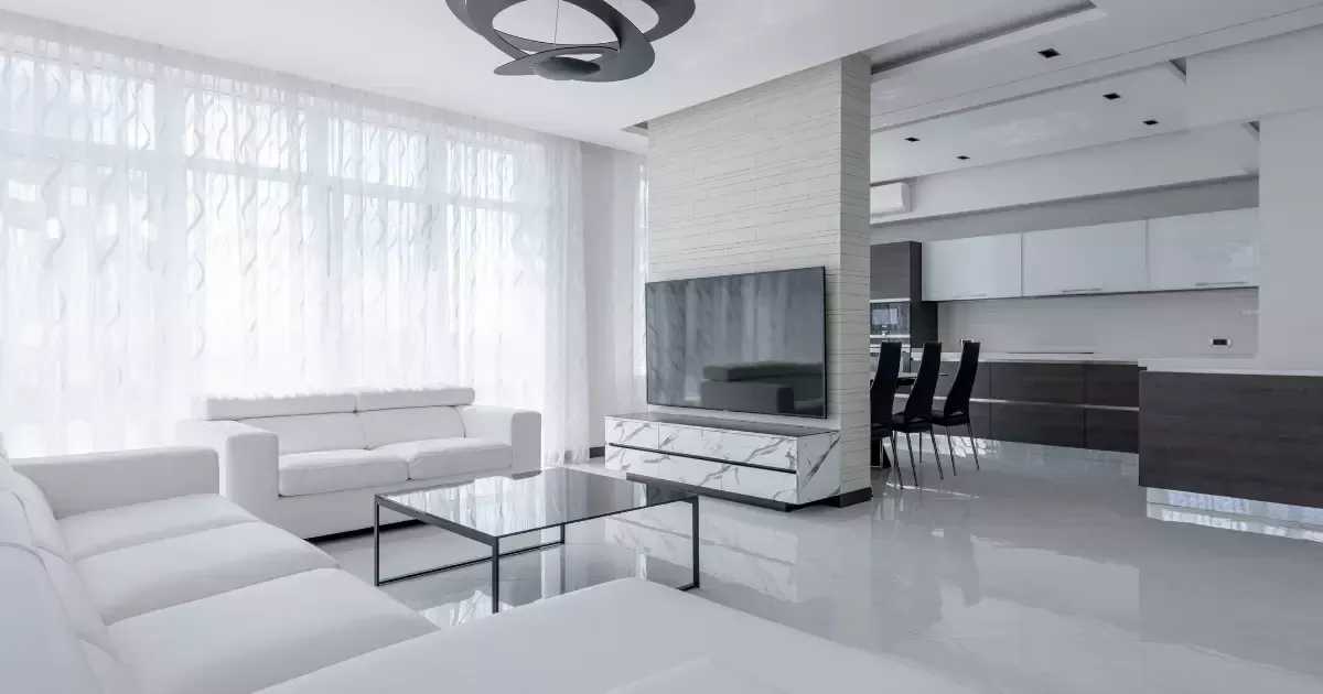 Minimalist living room and kitchen combo showcasing clean, modern home remodeling trends