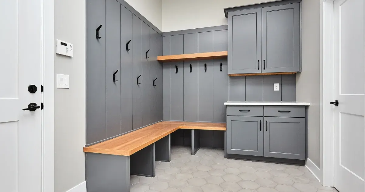 Modern gray storage benches and cabinets offering smart mudroom ideas for home organization