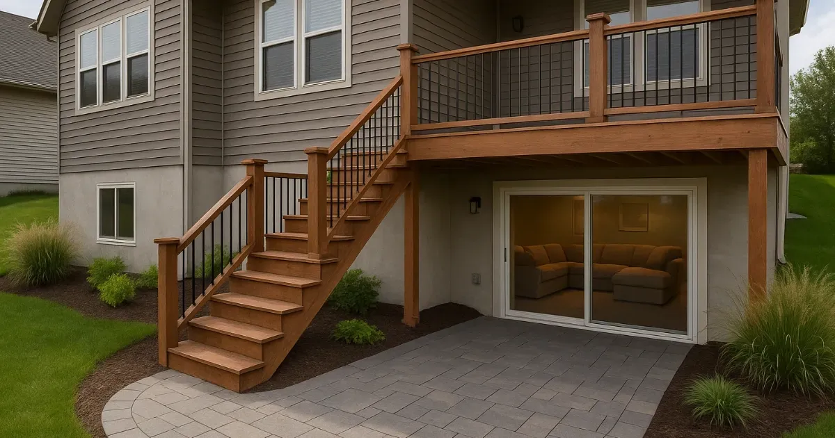 Modern home exterior with wooden stairs leading to a walk-out basement patio