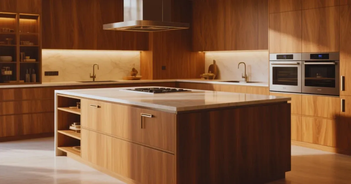 Modern kitchen with wood cabinetry showing how to customize kitchen island for luxury style