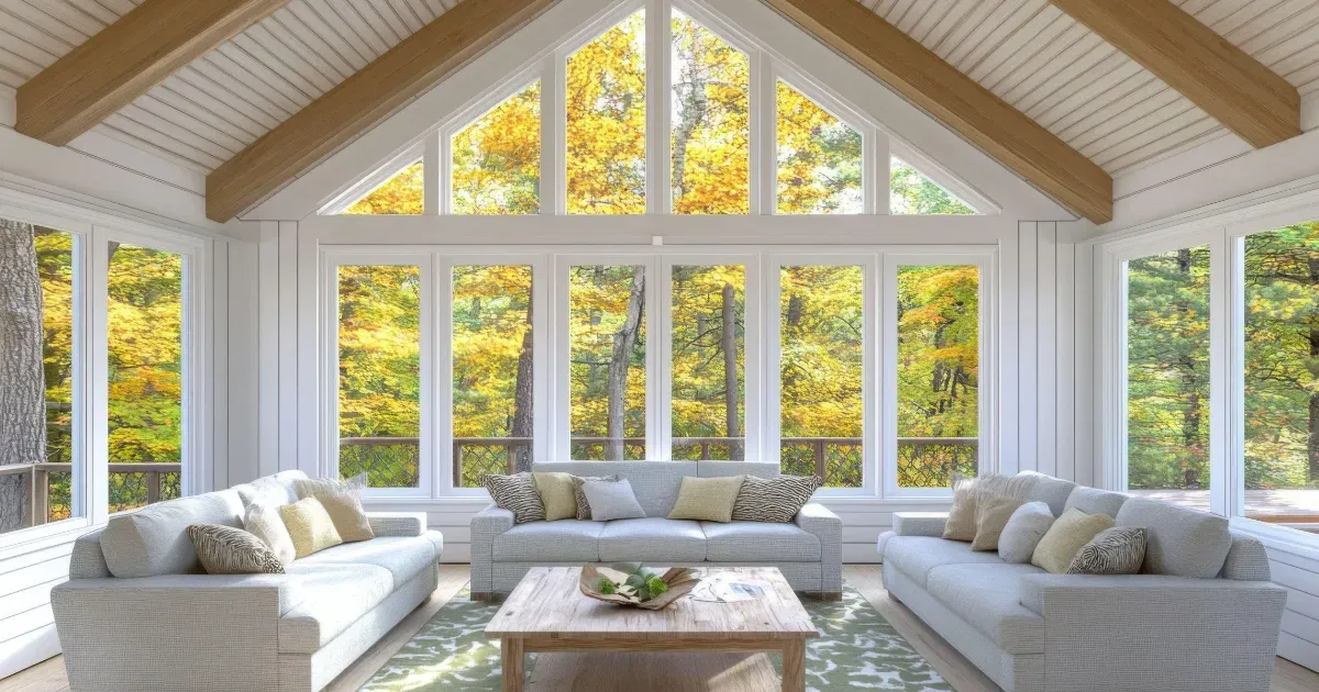 Modern sunroom additions with high ceilings and large windows overlooking nature