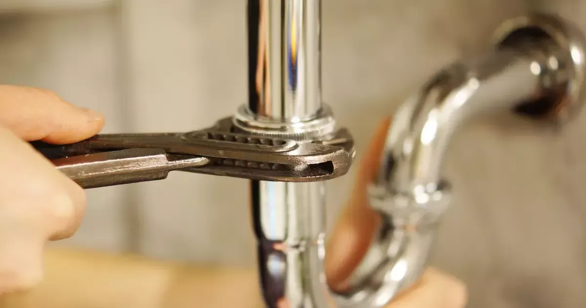 Plumber tightening pipe under sink
