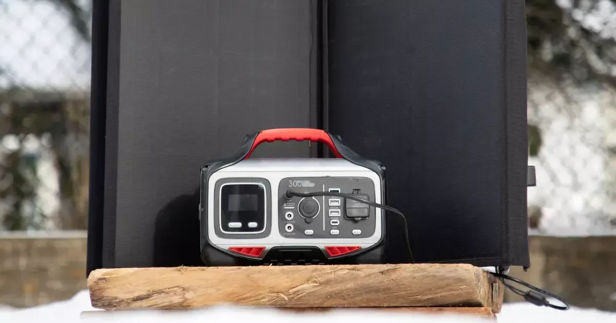 Portable solar powered generator charging outdoors with foldable solar panels
