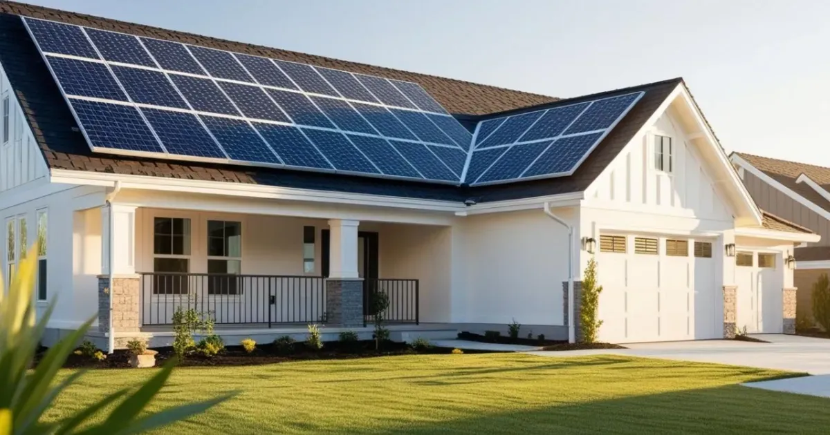 Modern home with rooftop solar panels generating clean energy under bright blue sky