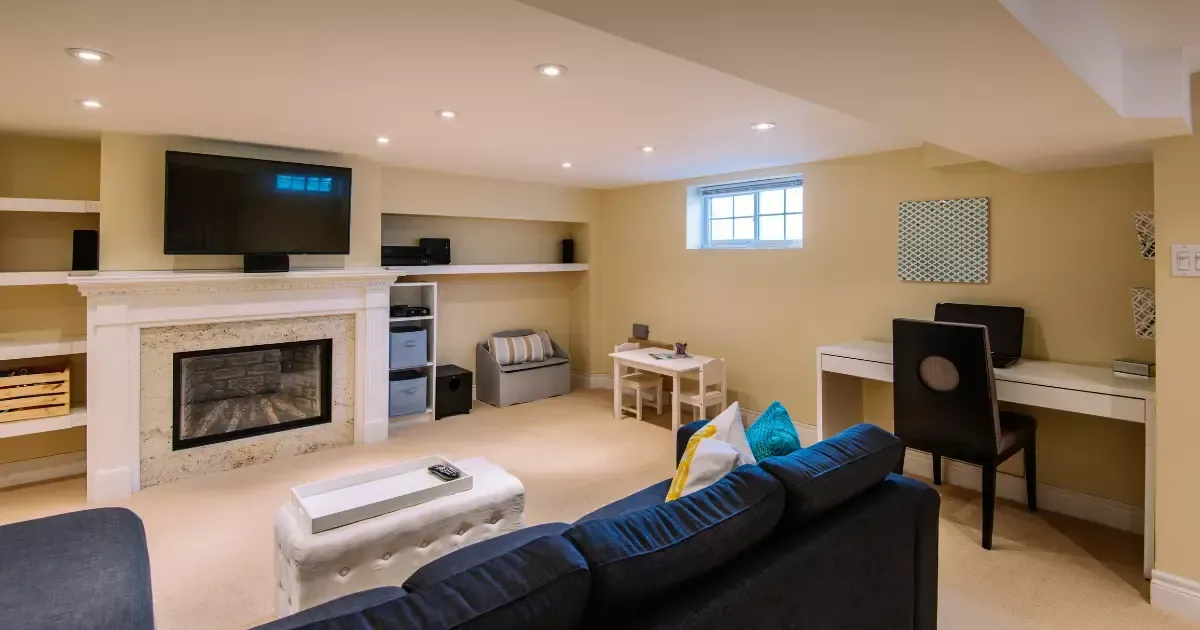 Simple hardwood basement with white walls