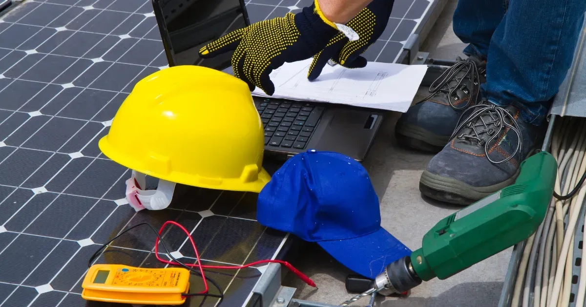 Technician inspecting solar power roof panels with safety gear and tools
