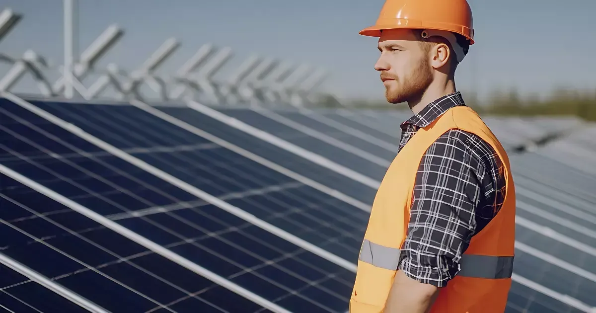 Worker inspecting solar panels during solar panel maintenance