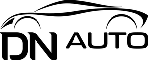 Un logo nero con il profilo stilizzato di un'auto sopra la scritta "DN AUTO".