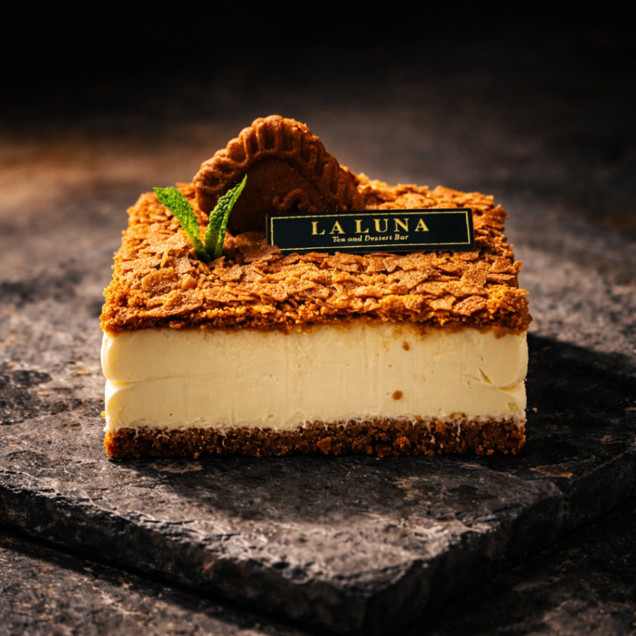 Square layered cake with crumb topping and chocolate garnish on a dark stone surface, labeled “LA LUNA”