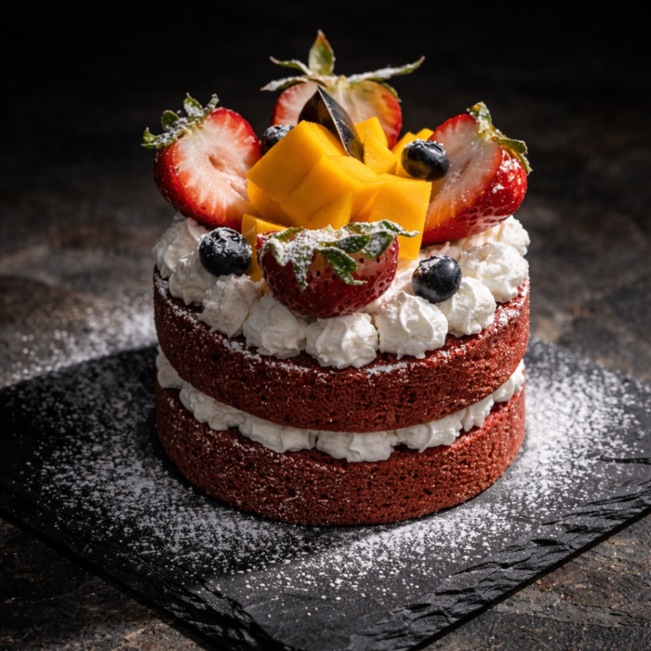 Layered chocolate cake topped with whipped cream, strawberries, mango, and blueberries on a dark slate plate
