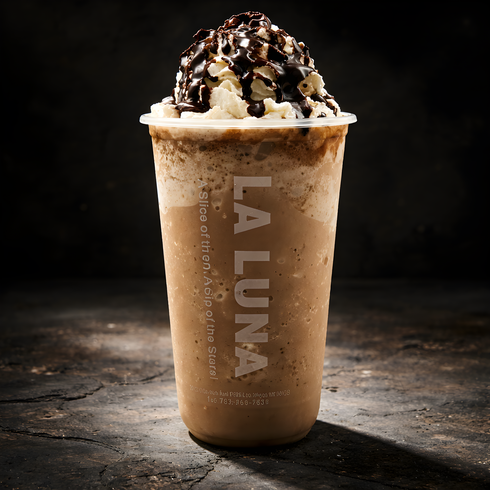 Tall iced coffee topped with whipped cream and chocolate drizzle on a dark background