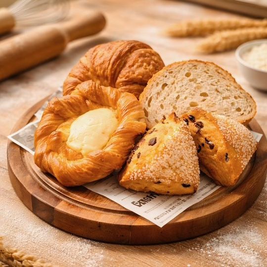 Assorted pastries on a wooden board, including a croissant, sliced bread, and sesame-crusted buns.