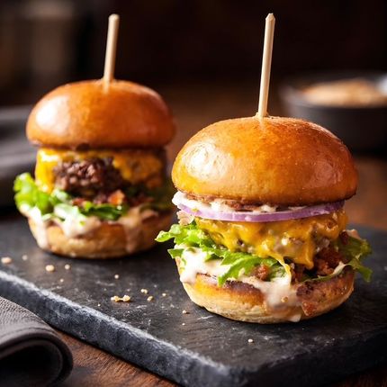 Two mini cheeseburgers on a dark slate board, with lettuce, melted cheese, and wooden picks.