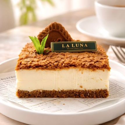 Slice of layered cake with a crumb topping and mint garnish on a white plate labeled “LA LUNA”