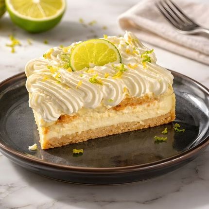 Lime cheesecake slice topped with whipped cream and lime garnish on a dark plate